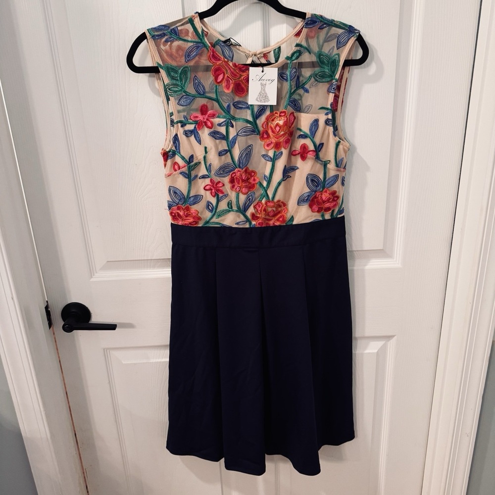 ACEVOG Sheer Embroidered‎ Top Floral Navy Blue Pleated Skirt Sz M skaters Dress